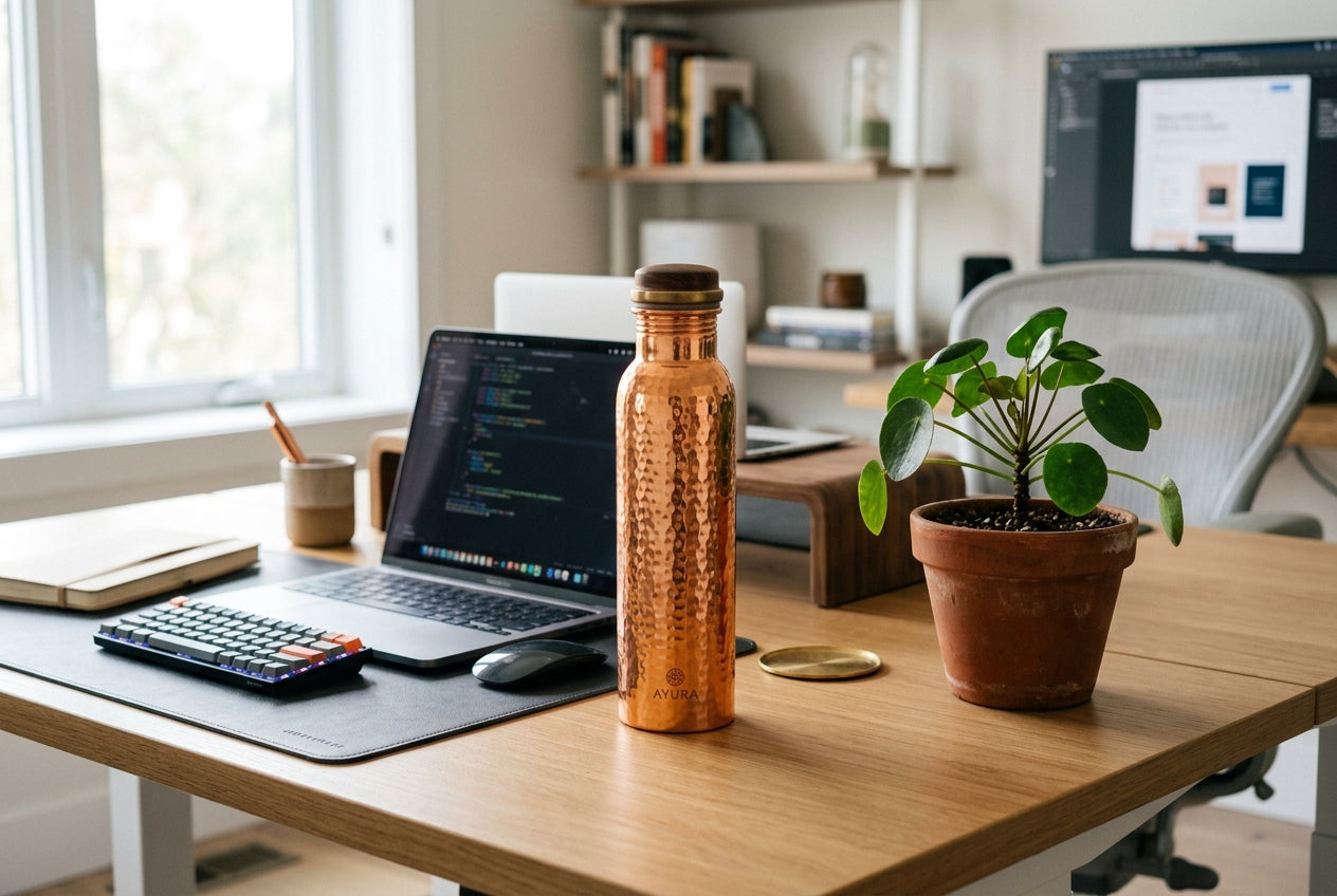 Aesthetic copper bottle on desk